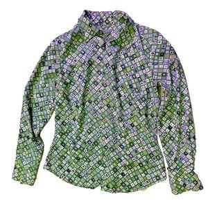 Ann Taylor Women’s 6 Button Up Shirt Satin Blouse Long Sleeve Green Geometric